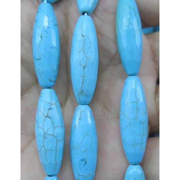 blue turquoise bead, faceted barrel, dyed
