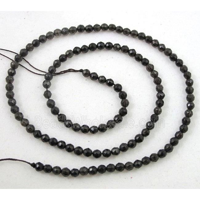 natural smoky quartz beads, tiny, dark-grey, faceted round