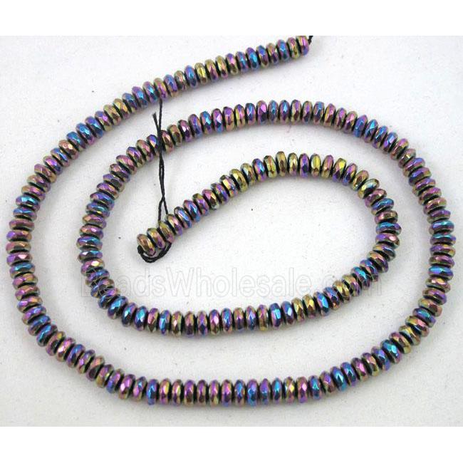 hematite beads, faceted rondelle, rainbow electroplated