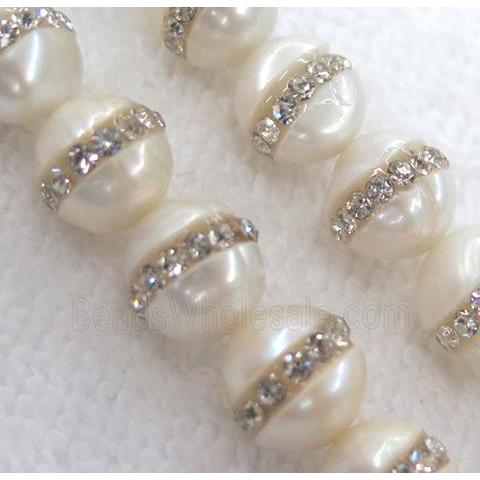 white pearl shell beads, paved rhinestone
