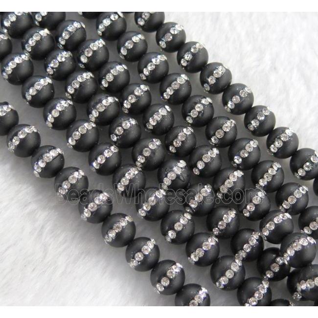 round black agate beads paved rhinestone, matte