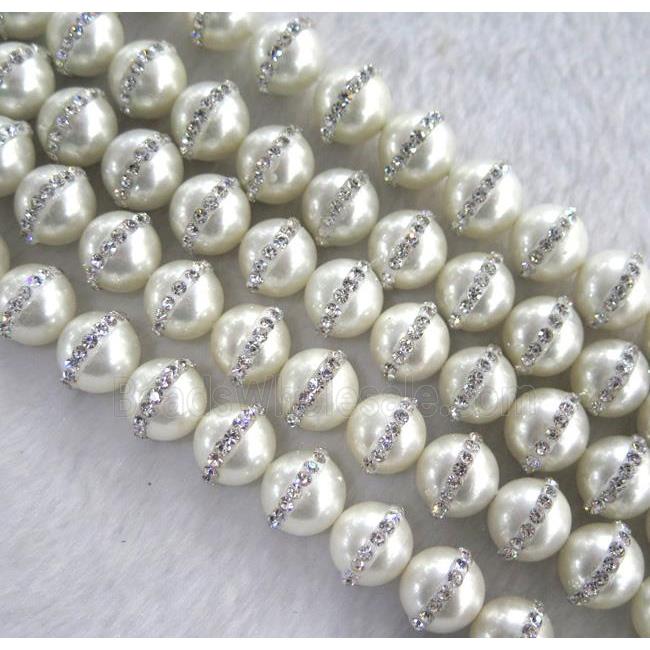 peral shell beads with rhinestone, round, white