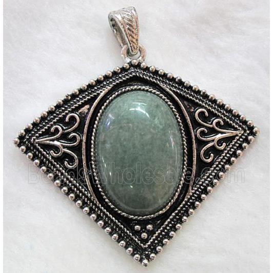 gemstone pendant, green jade, bat-shaped, antique silver