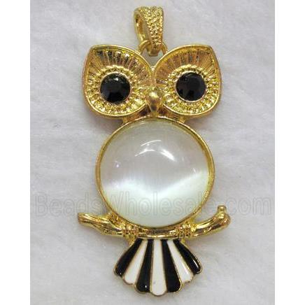 gemstone pendant, owl charm, cat eye cabochon
