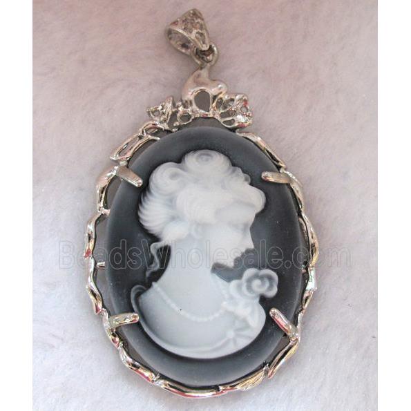 Victorian Lady Portrait Cameo resin pendant, platinum plated