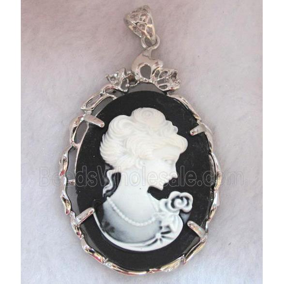 Victorian Lady Portrait Cameo resin pendant, platinum plated