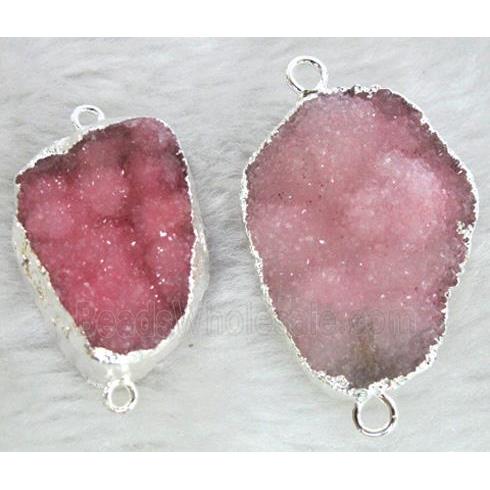 pink druzy quartz connector, silver