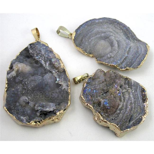 solar agate druzy pendant, freeform slice, gold plated