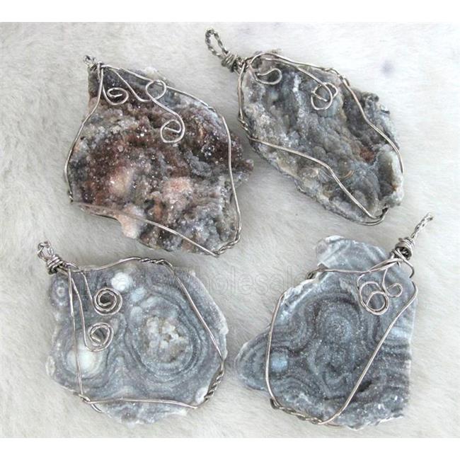 natural agate pendant with druzy, freeform slice, wire wrapped