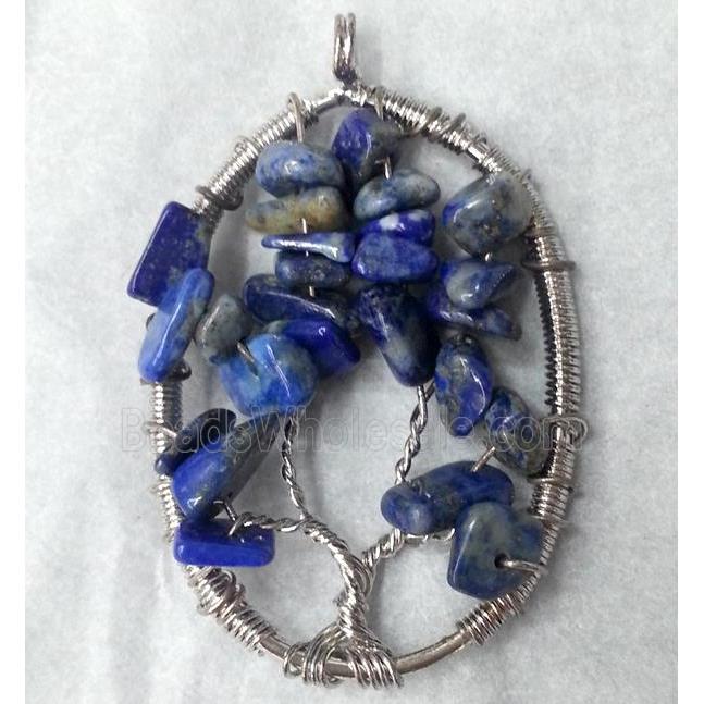 Blue Lapis Lazuli Chips Pendant Tree Of Life Wire Wrapped Platinum Plated