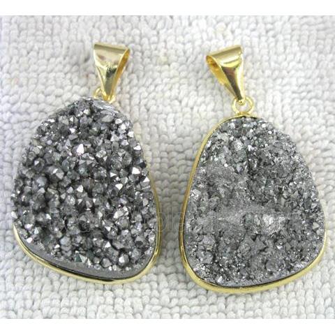 druzy quartz pendant, freeform, silver plated