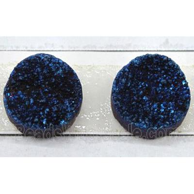 quartz druzy cabochon, flat-round, blue electroplated