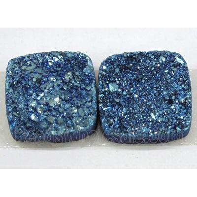 quartz druzy cabochon, square, blue electroplated
