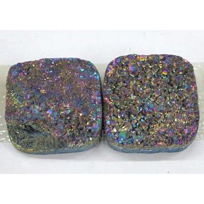 quartz druzy cabochon, square, rainbow electroplated