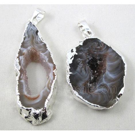 druzy agate geode slice pendant, freeform, silver plated