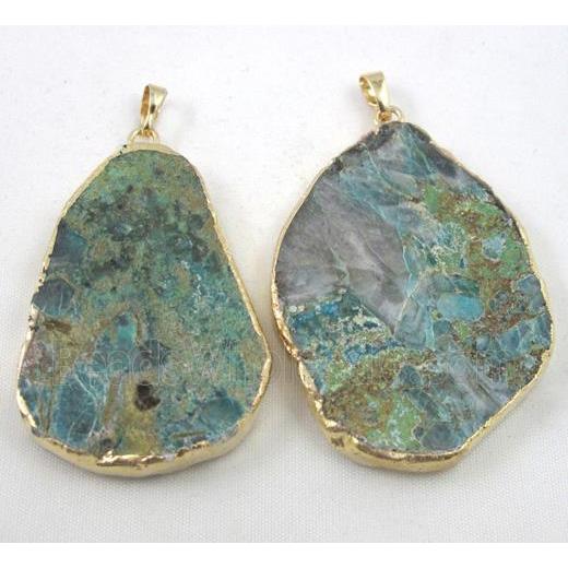 Chrysocolla pendant, freeform slice, flat, gold plated