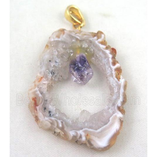 druzy agate slice pendant, freeform, paved gems, gold plated