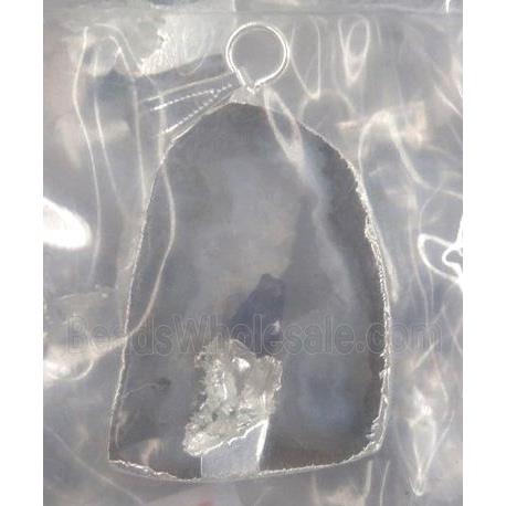 druzy agate slice pendant, freeform, paved gems, silver plated