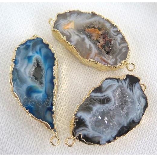 druzy agate connector, flat, freeform slice, mixed