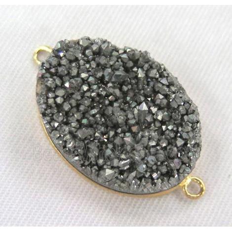 Druzy quartz connector, oval, silver plated
