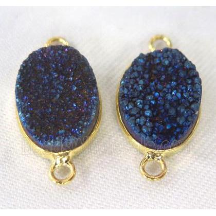 druzy quartz connector, oval, blue electroplated