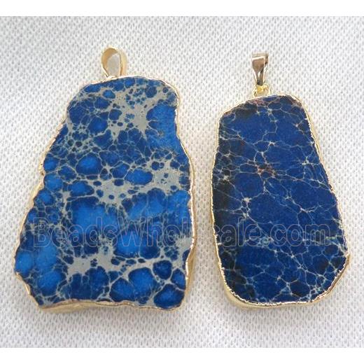 blue Sea Sediment pendant, freeform slab, gold plated