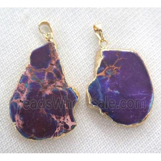 purple Sea Sediment pendant, freeform slab, gold plated
