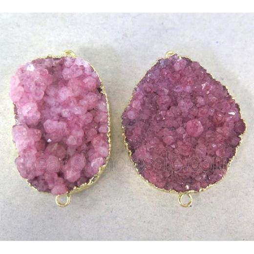 pink druzy quartz connector, freeform, gold plated