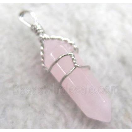 Rose Quartz pendant, bullet, wire wrapped