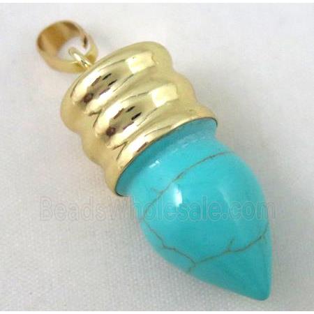 green turquoise bullet pendant, gole plated