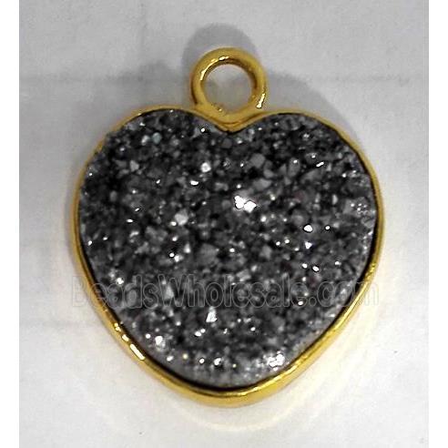 druzy quartz pendant, heart, black plated