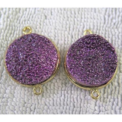 metallic quartz druzy connector, flat-round, purple electroplated