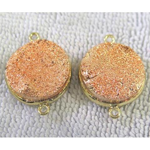 metallic quartz druzy connector, flat-round, rose-gold electroplated