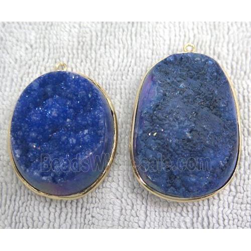 blue quartz pendant with druzy, freeform, gold plated