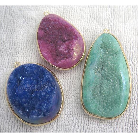 quartz pendant with druzy, freeform, mixed color