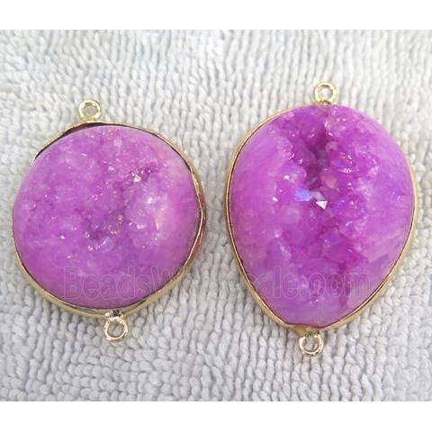 hotpink quartz druzy connector, freeform, gold plated