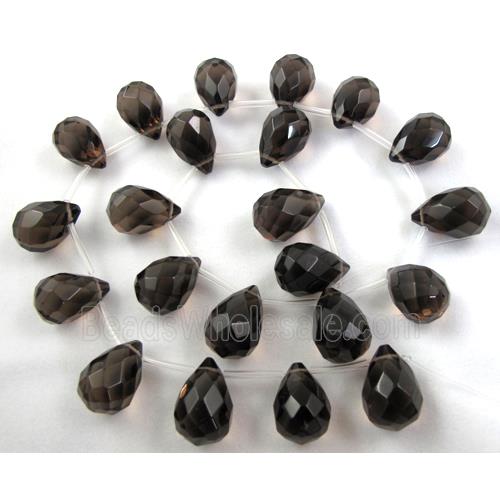 Smoky Quartz beads, faceted 3D-teardrop