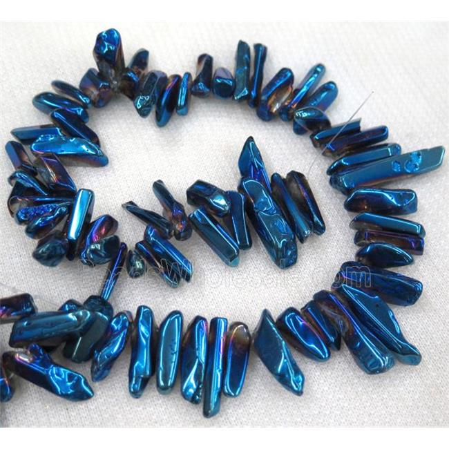 clear quartz bead, stick, freeform, polished, blue electroplated