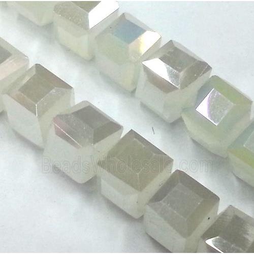 Chinese crystal glass bead, faceted cube, white jade AB color