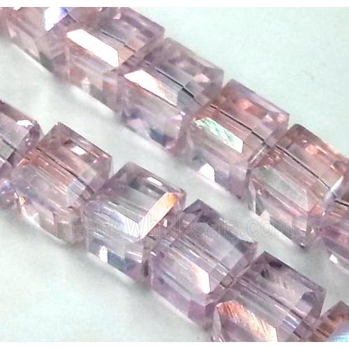 Chinese crystal glass bead, faceted cube, pink AB color
