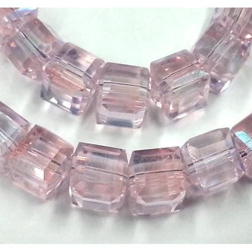 Chinese crystal glass bead, faceted cube, pink AB color