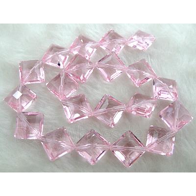 Crystal Glass Beads, faceted square, corner-drilled, Pink