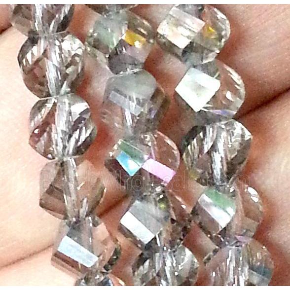 Chinese crystal glass bead, swiring cut, grey and half silver plated