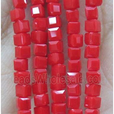 chinese crystal glass bead, faceted cube, red