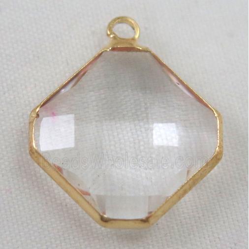 clear Chinese crystal glass pendant, faceted square, gold plated