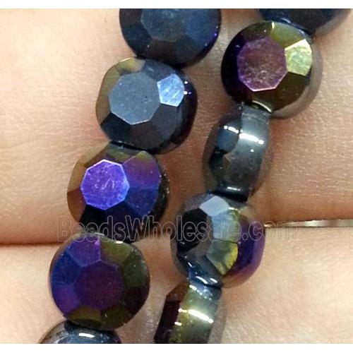 Chinese crystal glass bead, faceted flat round, black AB color