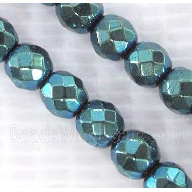 Hematite beads, no-Magnetic, faceted round, blue electroplated