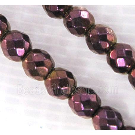 Hematite bead, no-Magnetic, faceted round, purple electroplated