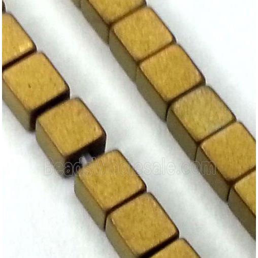 matte Hematite beads, no-Magnetic, cube, gold electroplated