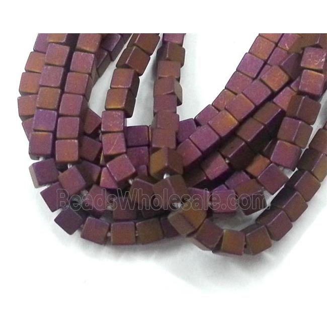 matte Hematite cube beads, no-Magnetic, purple electroplated
